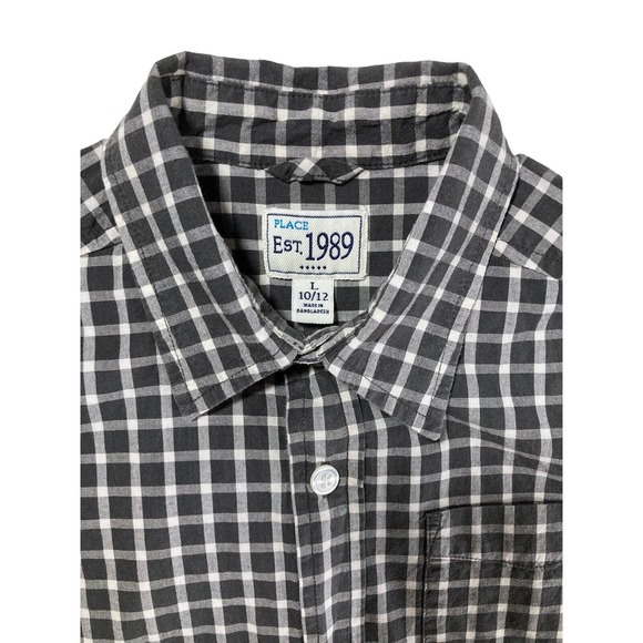 PLACE Size 10 12 Boys DRESS SHIRT Children's Place Plaid Button Up Black White - Picture 4 of 11